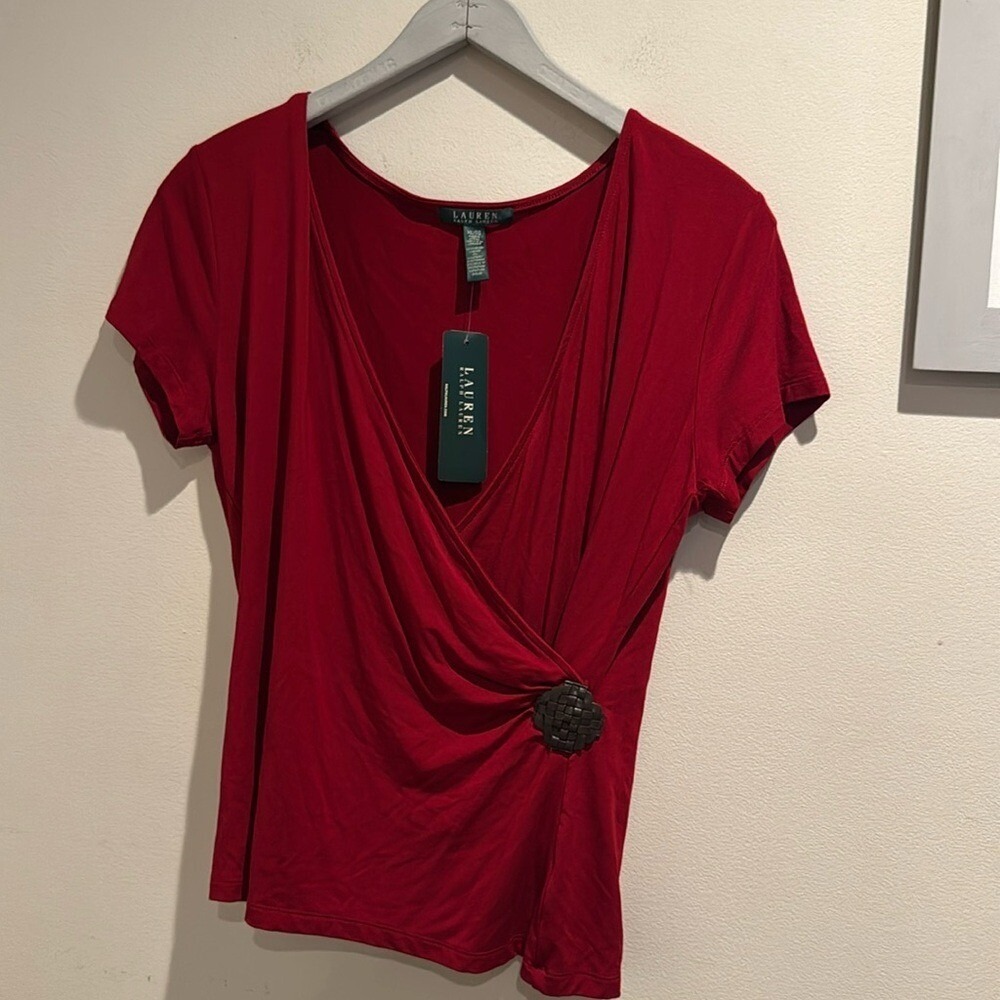 NWT‎ Ralph Lauren Dark Red Draped Short Sleeve Blouse Leather Accent Size XL